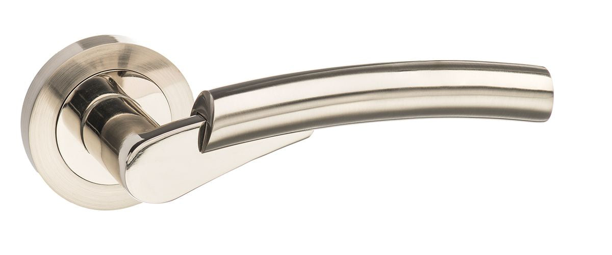 Mediterranean Messina Lever On Round Rose Pair Of Door Handles Satin Nickel/Polished Nickel