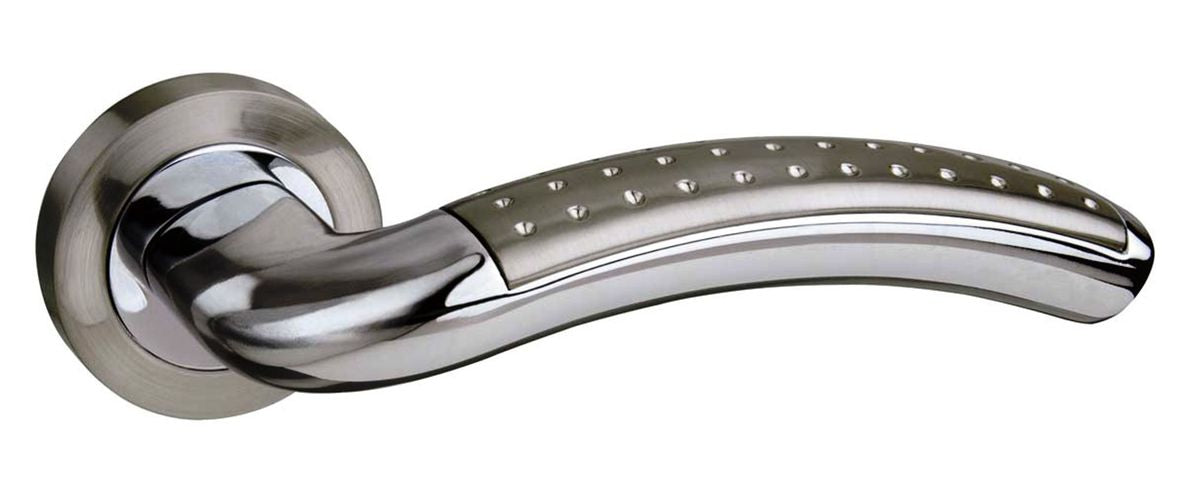 Mediterranean Monaco Lever On Round Rose Pair Of Door Handles Satin Nickel/Polished Chrome