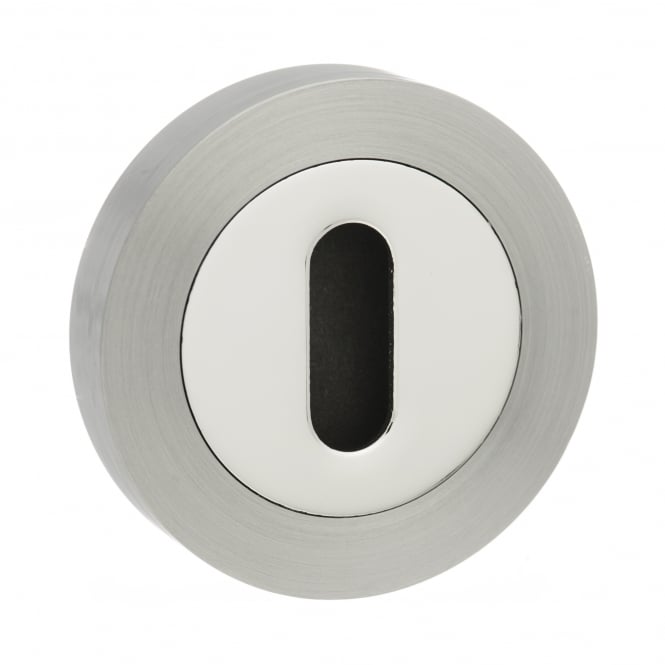 Mediterranean Pair Of Key Escutcheon On Round Rose In Satin Nickel/Polished Chrome