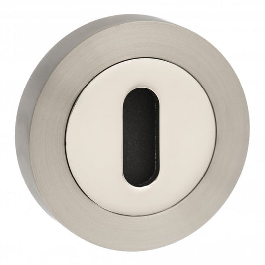 Mediterranean Pair Of Key Escutcheon On Round Rose In Satin Nickel/Polished Nickel