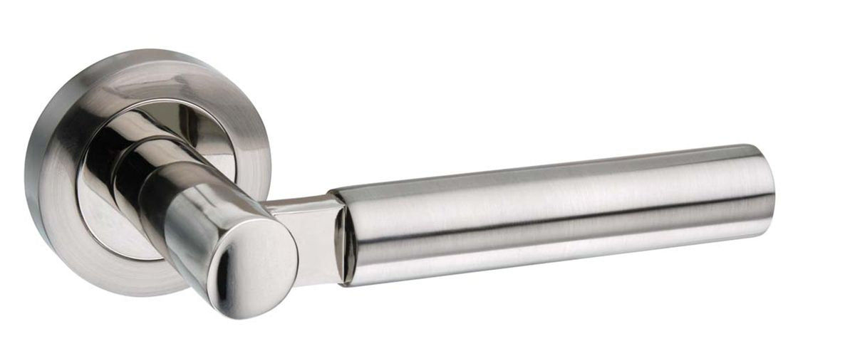 Mediterranean Palermo  Lever On Round Rose Pair Of Door Handles In Satin Nickel/Polished Nickel