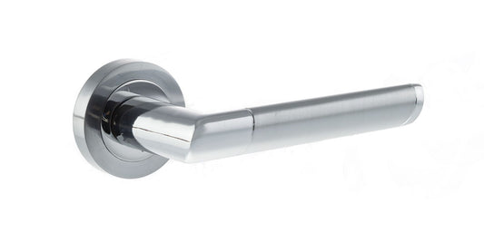 Mediterranean Santorini Lever On Round Rose Pair Of Door Handles Satin Chrome/Polished Chrome