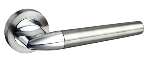 Mediterranean Toulon Lever On Round Rose Pair Of Door Handles In Satin Nickel/Polished Chrome