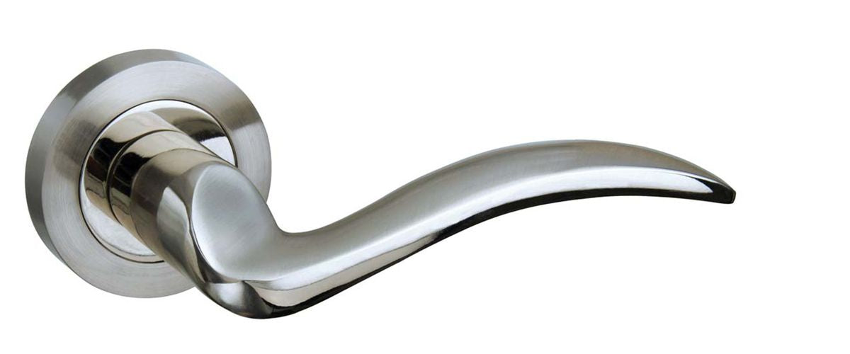 Mediterranean Valencia Lever On Round Rose Pair Of Door Handles Satin Nickel/Polished Nickel