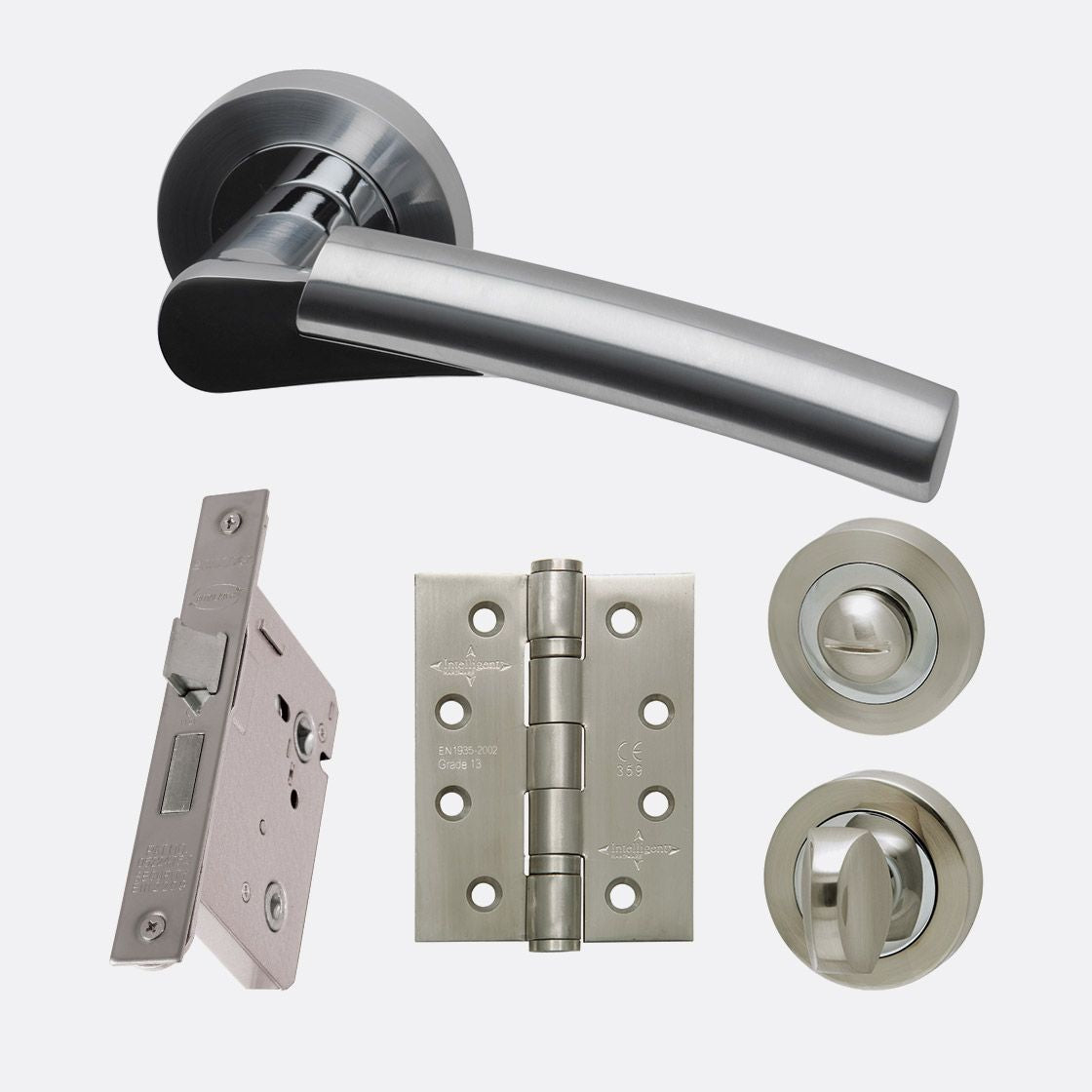 Neptune Lever On Rose Polished and Satin Chrome Privacy Door Handle Pack