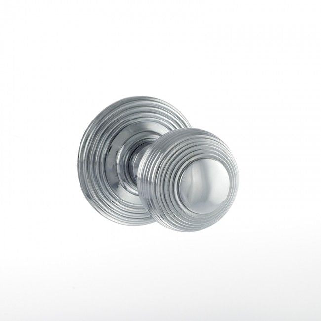 Old English Ripon Solid Brass Pair Of Reeded Mortice Knobs on Concealed Fix Rose In Polished Chrome