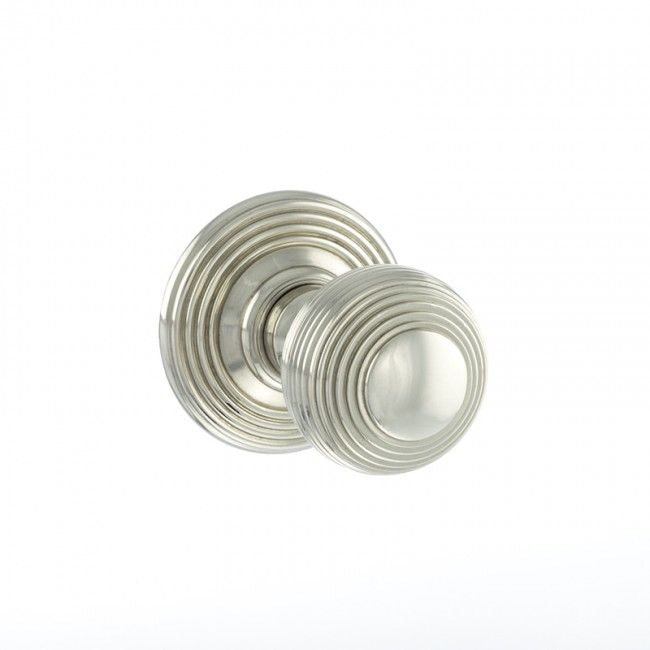 Old English Ripon Solid Brass Pair Of Reeded Mortice Knobs on Concealed Fix Rose In Polished Nickel