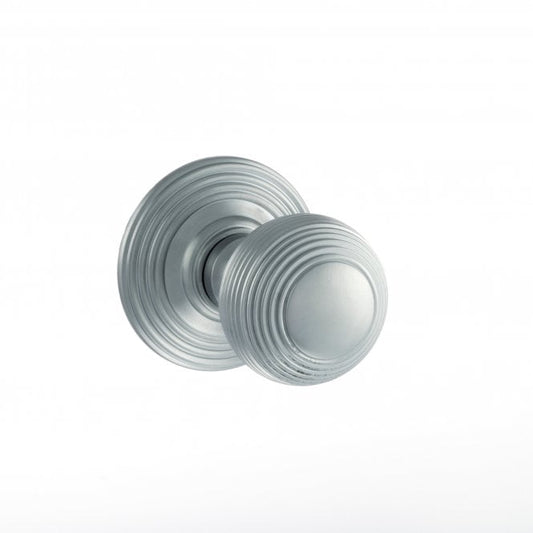 Old English Ripon Solid Brass Pair Of Reeded Mortice Knobs on Concealed Fix Rose In Satin Chrome