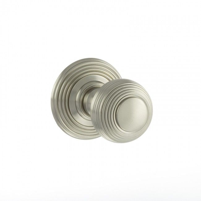 Old English Ripon Solid Brass Pair Of Reeded Mortice Knobs on Concealed Fix Rose In Satin Nickel