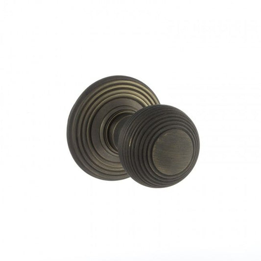 Old English Ripon Solid Brass Pair Of Reeded Mortice Knobs on Concealed Fix Rose In Urban Bronze