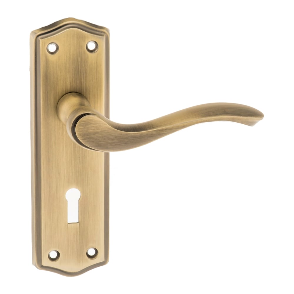 Old English Warwick Lever On Key Backplate Pair Of Door Handles In Matt Antique Brass