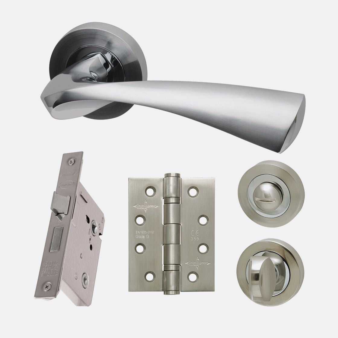 Pluto Lever On Rose Polished & Satin Chrome Privacy Door Handle Pack