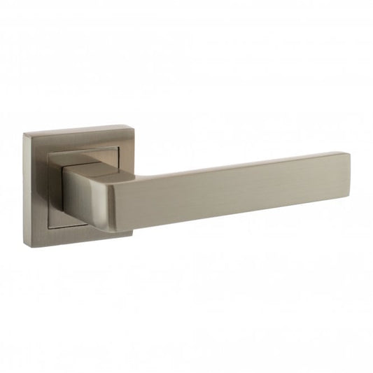 Status Montana Lever On Square Rose Pair Of Door Handles In Satin Nickel