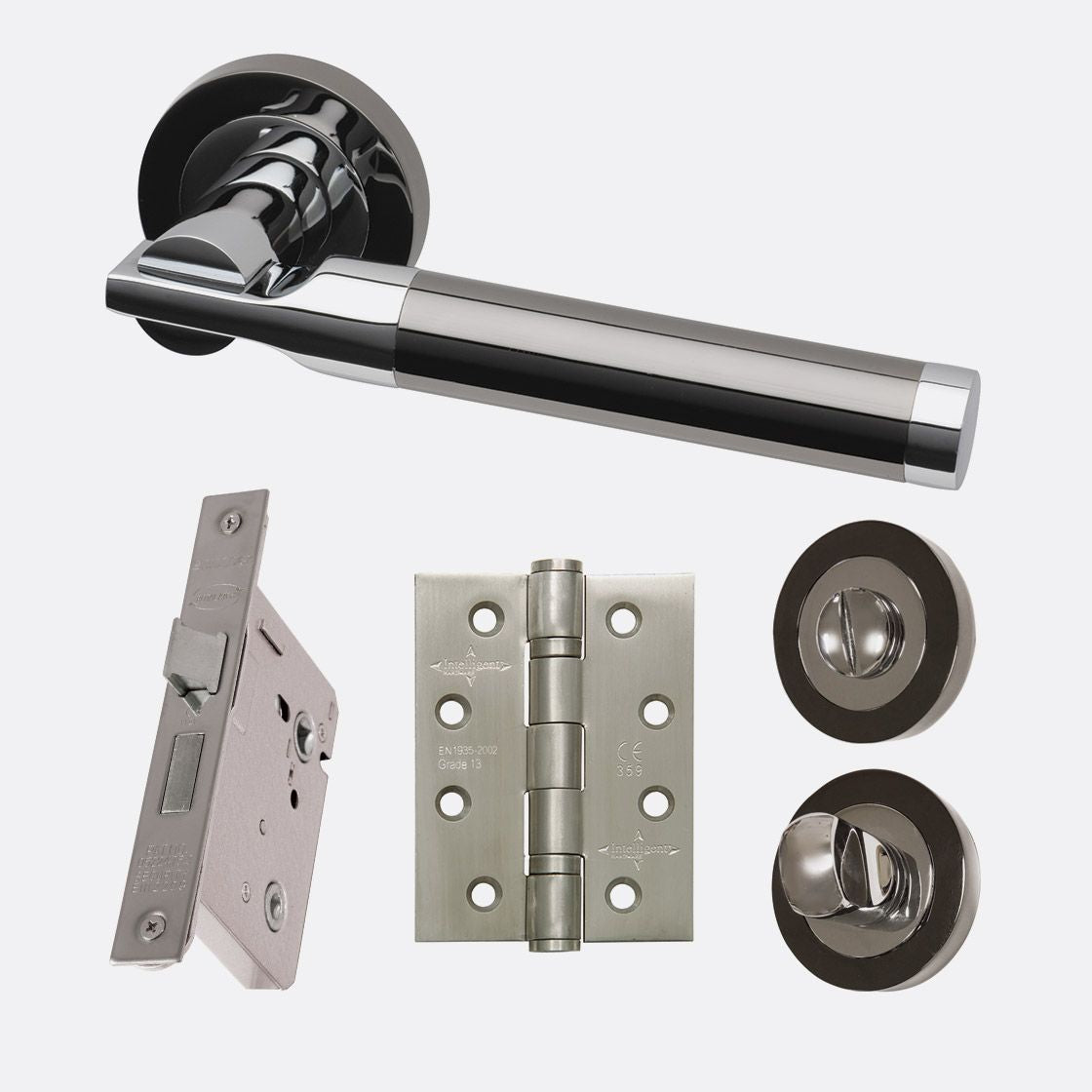 Timis Lever On Rose Polished Chrome & Black Chrome Privacy Door Handle Pack